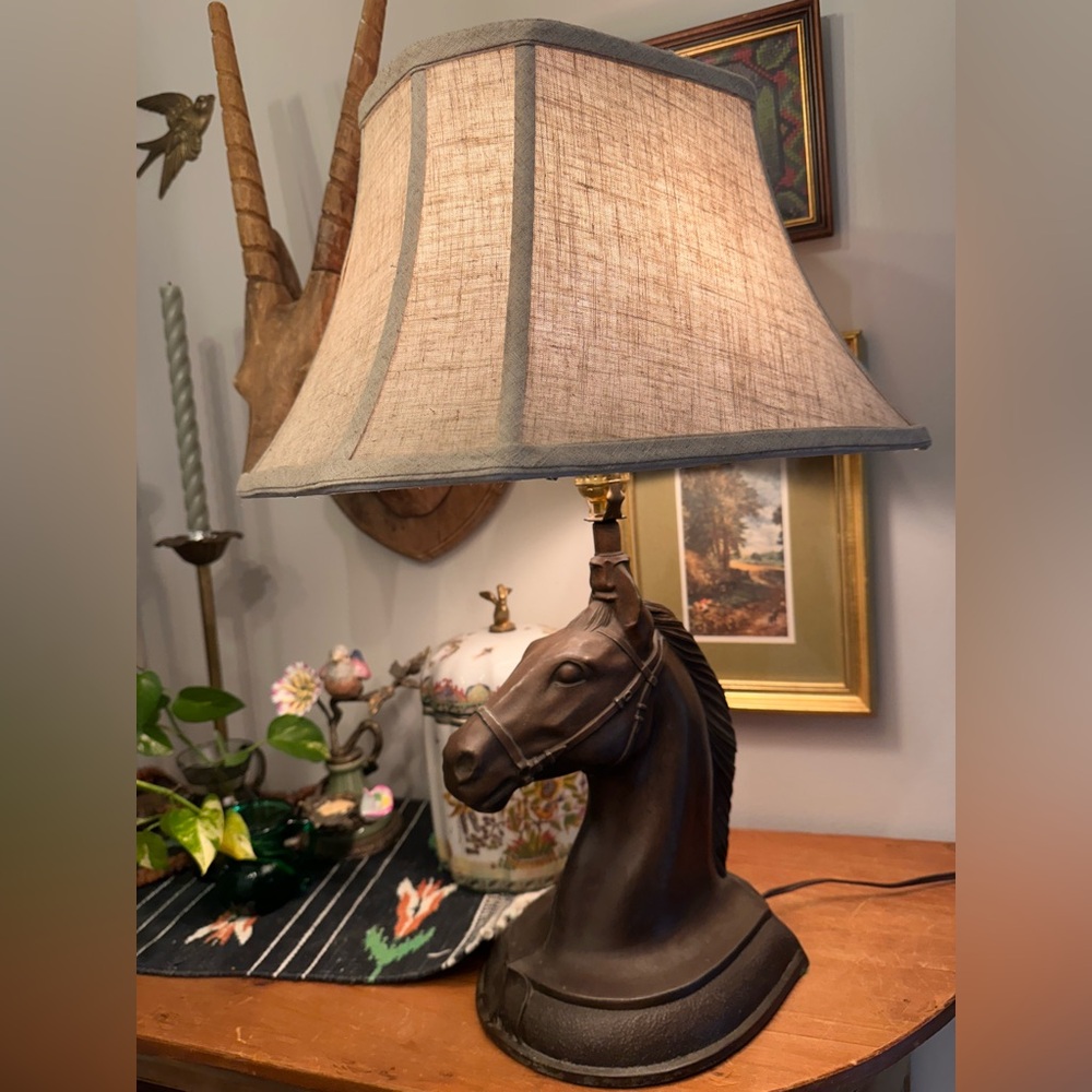 Vintage Bronze Cast Metal Horse Head Table Lamp Equestrian Ralph Lauren Style